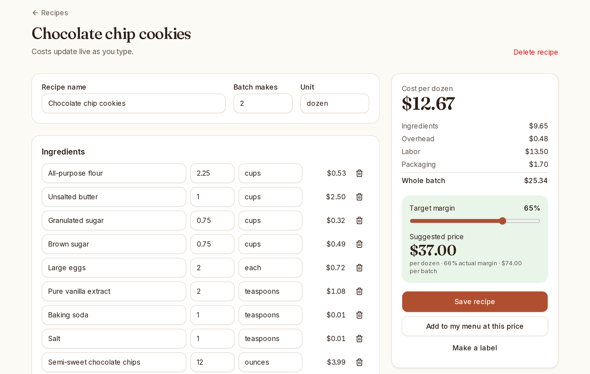 Recipe costing screen with ingredient costs and a suggested price